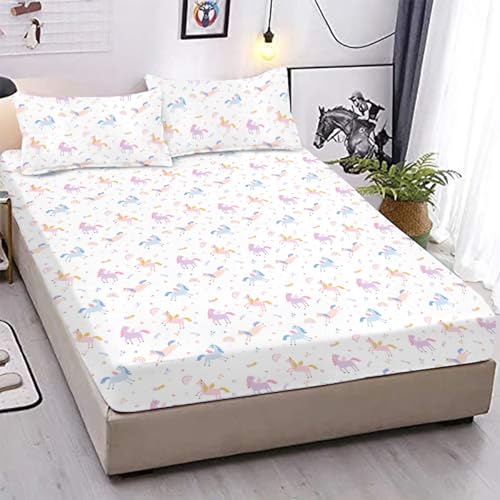 MUSOLEI Unicorn Fitted Sheet Set Full Girls Rainbow Star Sheet Pink Flower Bedding Set 1 Deep Pocket Fitted Sheet with 2 Pillowcases Multi-Colour Girls Kids Teenagers Gift Queen MUSOLEI