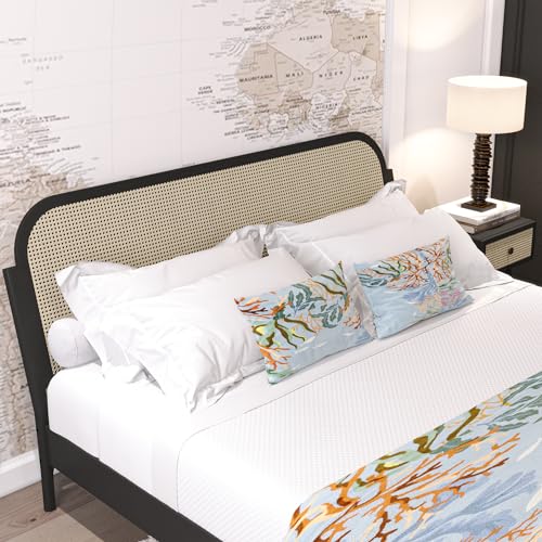 Bme Aurelia Black Solid Wood Bed Frame with Rattan Headboard - Bohemian & Mid Century Modern Style Bme