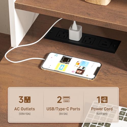 Farmhouse Executive Desk 51" Computer Desk with 2 Drawers Storage Cabinet and Power Outlets Wood Home Office Desk with Hutch & Monitor Stand, Writing Desk Workstation for Bedroom Study, Rustic White Halitaa
