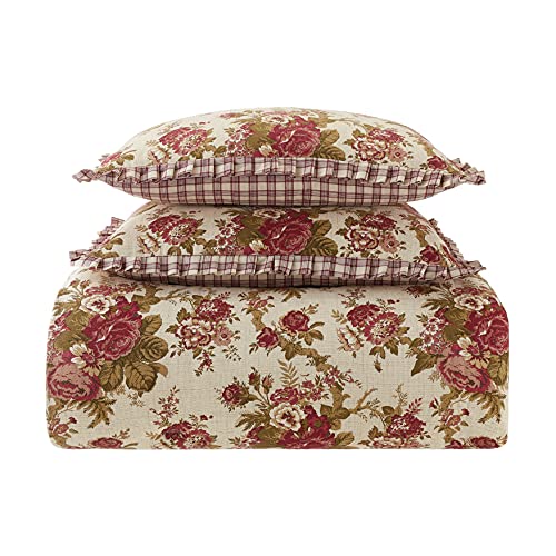 Waverly Norfolk 4-Piece 100% Cotton Comforter Set - King Red Floral Prints, with 2 Shams & 1 Bedskirt Waverly