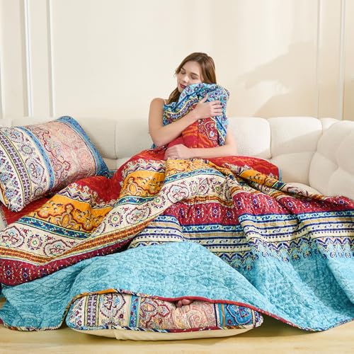 WONGS BEDDING Bohemian Quilt Set Twin Size, Boho Striped Printed Bedding Quilts Coverlet Set with Pillow Shams, Lightweight Microfiber Bedspread Set for All Seasons (2 Pieces, Twin) WONGS BEDDING