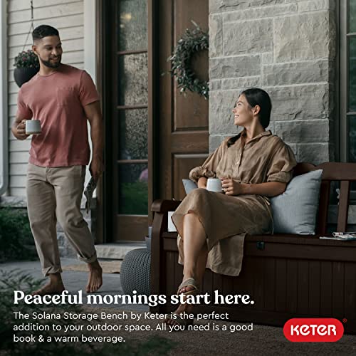 Keter Solana 70 Gallon Storage Bench Deck Box for Patio Furniture, Front Porch Decor and Outdoor Seating – Perfect to Store Garden Tools and Pool Toys, Brown/Brown Keter