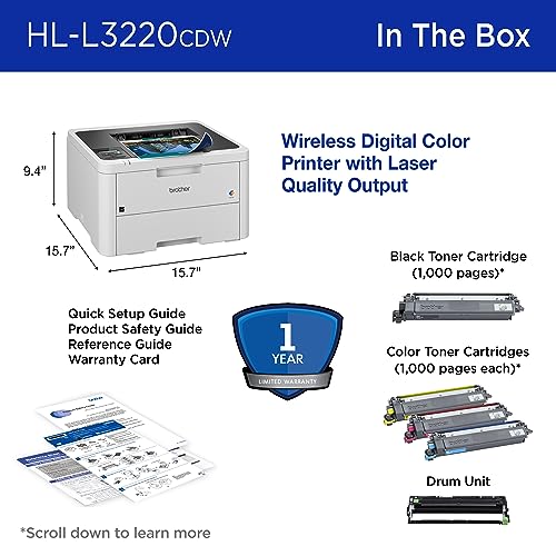 Brother HL-L3220CDW Wireless Compact Digital Color Printer with Laser Quality Output,Duplex & Mobile Device Printing Includes 4 Month Refresh Subscription Trial¹,Amazon Dash Replenishment Ready,White Brother
