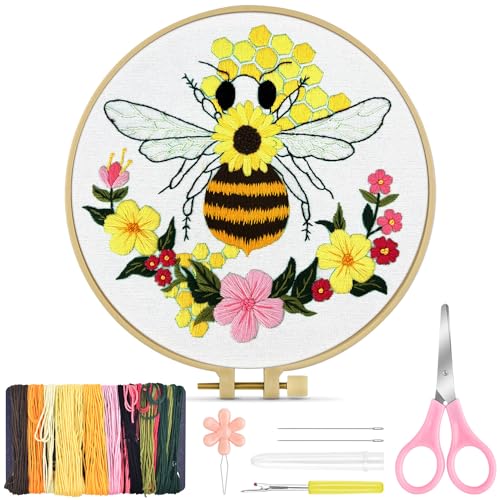 TINDTOP Embroidery Kit for Beginners Adult, Honeybee Embroidery Kit for Beginners Include Embroidery Cloth Hoops Threads for Craft Lover Hand Stitch with Embroidery Skill Techniques (Honeybee)