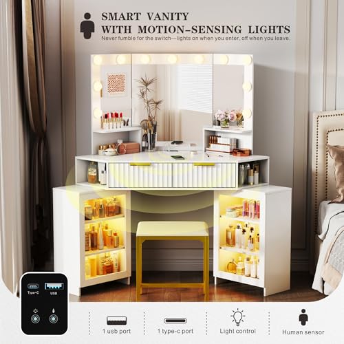 SKKTKT Vanity Desk with LED Lights Mirror & Power Outlet – Corner Design, Makeup Vanity Table Set with Storage Drawers & Chair, 3 Lighting Modes for Living Room/Bedroom, Ideal for Gift (White) SKKTKT