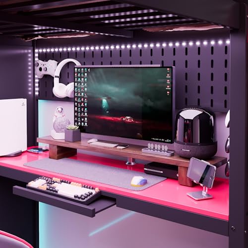 Merax Full Size Loft Bed with Desk and 6 Storage Shelves, Wardrobe, Blackout Curtain, Sturdy Wood Gaming Loft Bunk Bed Frame with USB Port & RGB Lights, No Box Spring Needed, Space-Saving, Black+Red Merax