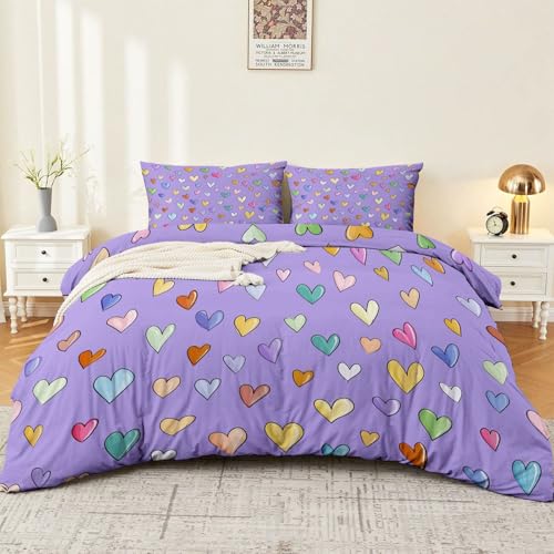 Double-Sided Printed Bedding with Minimalist Loving Romantic - Ultra-Soft Microfiber Duvet Cover Set Single Durable Zipper Closure, Comfortable Quilt Cover for Bedroom Décor Purple Generic