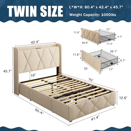 GalnFu Twin Bed Frame with 4 Storage Drawers, Upholstered Platform Bed with Charging Station, Modern Wingback Storage Headboard, Easy Assembly,Noise-Free, Beige GalnFu