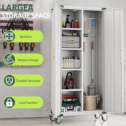 71" Tall Broom Closet Storage Cabinet with Hanging Rod for Cleaning Supplies & Tools,Metal Utility Storage Cabinets with Lock,Wardrobe Cabinets with Adjustable Shelves for Garage,Laundry Room,Bedroom Lusiwry