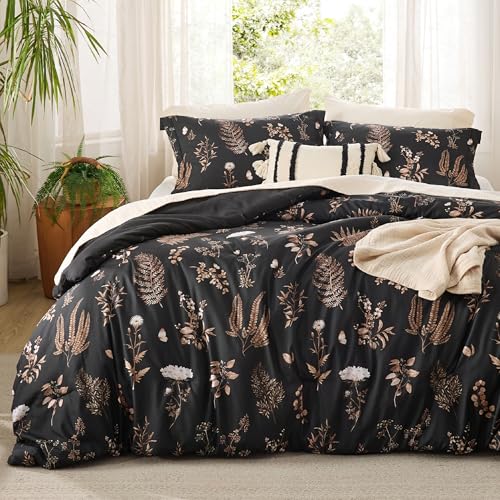 Bedsure Comforter Set King Size - Cute Floral Comforter, Black Bedding Comforter Sets, 1 Soft Reversible Botanical Flowers Comforter and 2 Pillow Shams Bedsure