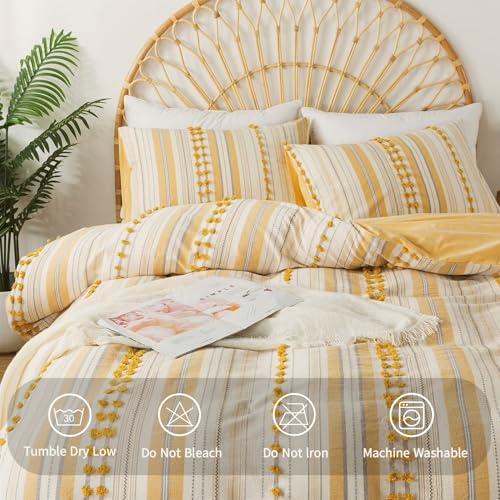 La Sheer Washed Cotton Queen Size Duvet Cover Set - Tufted Dots Boho Chic Bedding for All Seasons, Striped Pom Pom Bedding Linen Like Textured Breathable Durable Soft Comfy (Yellow, 90x90'') La Sheer