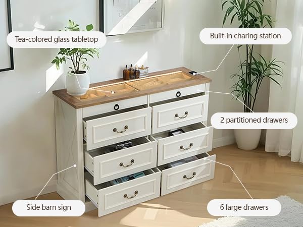 UYIHOME 8 Drawer Dresser, Farmhouse Dressers for Bedroom with Jewelry Storage on Top, White Dresser with Sensor LED Lights and USB Charging, Storage Cabinet for Living Room, Hallway, Closet UYIHOME
