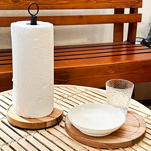 WILDMOS Paper Towel Holder Countertop,Solid Acacia Wood with Thick Metal Base,Black Paper Towel Holder for Farmhouse Kitchen,Wooden Paper Towel Holder Stand. WILDMOS