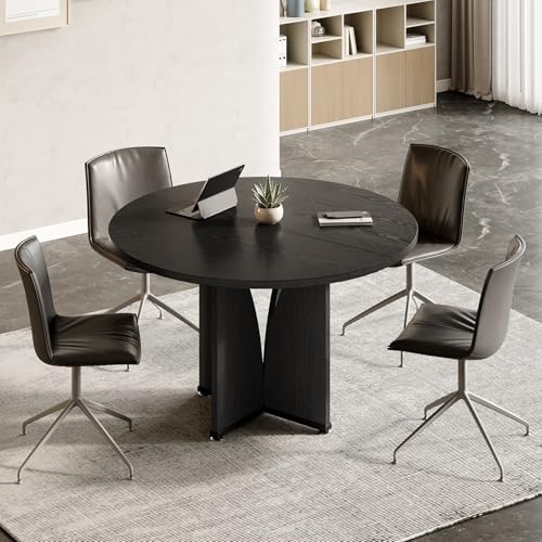 LITTLE TREE 39-Inch Small Conference Table for 4, Round Meeting Table with X-Shape Pedestal, for Office, Conference Room, Small Spaces, Black LITTLE TREE