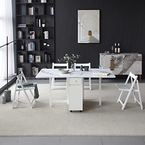 FUNROLUX Folding Dining Table with Rack and 2 Storage Drawers, Movable Extendable Space Saving Kitchen Table in 3 Forms (White) FUNROLUX