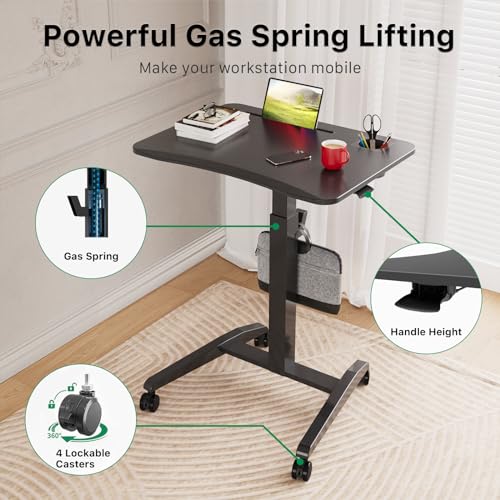 Gibbon Mounts Mobile Standing Desk, Height Adjustable Rolling Laptop Desk with Cup Holder, 27 inches Portable Sit Stand Desk with Wheels and Hook, Pneumatic Computer Table, Black Gibbon Mounts