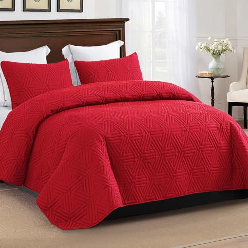 Whale Flotilla Soft Twin Size Quilt Set for All Seasons, 2-Piece Ultrasonic Geometric Quilts Bedding Set, Lightweight Reversible Bedspread, Coverlet, Bed Cover with Pillow Sham, Red Whale Flotilla