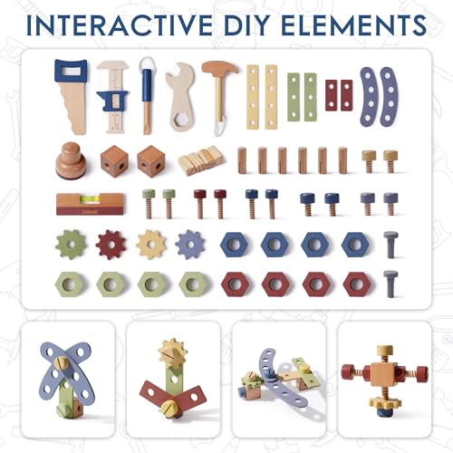 ROBUD Wooden Toy Workbench, Large Kid's Wooden Play Tool, Pretend Play Creative Building Set, Construction Workshop Tool Bench Toys, Gift for Girls & Boys, 3+ ROBUD