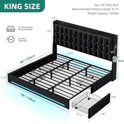 YITAHOME King Size Bed Frame with 4 Drawers and RGB LED Lights, Velvet Upholstered Platform Bed with Charging Station and Storage Headboard, No Box Spring Needed, Easy Assembly, Noise-Free, Black YITAHOME