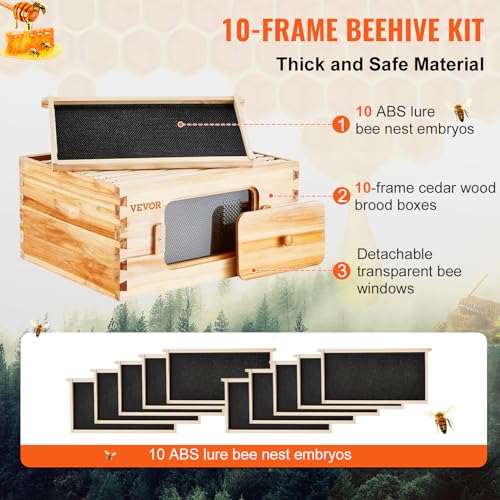 VEVOR Bee Hive Deep Box Starter Kit, 100% Beeswax Coated Natural Cedar Wood, Langstroth Beehive Kit with 10 Frames and Foundations, Transparent Acrylic Bee Windows for Beginners and Pro Beekeepers VEVOR