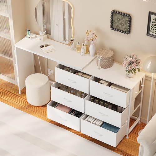 Simoretus Modern Corner Vanity Desk with 6 Fabric Drawers Power Outlet Side Pocket L Shaped Drawers Makeup Desk Dressing Table for Girls Women Bedroom (White) Simoretus