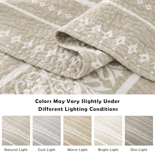 Qiqiong Boho Quilt Set Queen Size - 100% Cotton Boho Striped Quilt Bedding Set - Beige and White Bohemian Quilt Set with Shams 3 Piece - All-Season Lightweight Coverlet & Bedspread Set Qiqiong