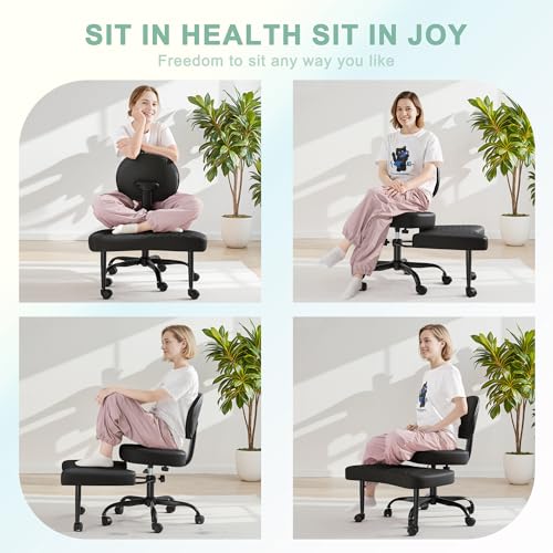 GUNJI Ergonomic Criss Cross Legged Office Chair, 360° Swivel Meditation Kneeling Chair with Wheels, ADHD Chair with Footrest, Lumbar Support, Wider Height Adjustable Seat (Faux Leather, Black) GUNJI