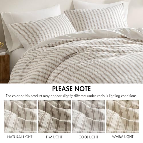 Madison Park Duvet Cover Set for Hot Sleepers - Linen Cotton Rayon Blend, Queen Size 3 Piece Set with Shams - Lightweight & Breathable Bedding, Tan Striped Design Madison Park