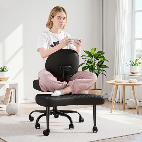 GUNJI Ergonomic Criss Cross Legged Office Chair, 360° Swivel Meditation Kneeling Chair with Wheels, ADHD Chair with Footrest, Lumbar Support, Wider Height Adjustable Seat (Faux Leather, Black) GUNJI