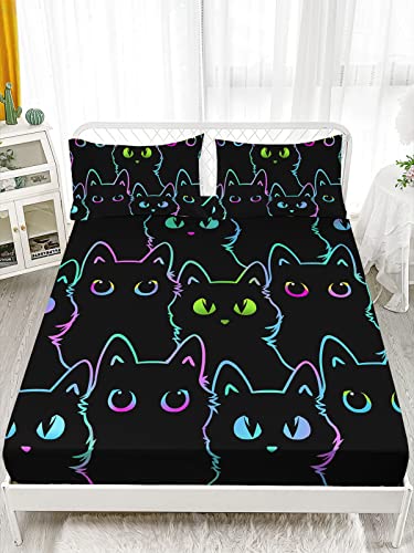 Axolotl Kids Bedding Cute Cat Sheet Set Twin Size, Gradient Line, 4Pcs Kawaii Cat Bed Sets with 1 Fitted Sheet 1 Flat Sheet 2 Pillowcases for Kids Boys Girls Adults Teens, Black Axolotl