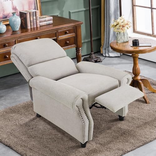 MCombo Pushback Recliner Chair, 3-Position Oversized Manual Recliner with Rolled Arms, Solid Wood Legs & Chenille Upholstery, Accent Reclining Chair for Living Room Office 4865 (Beige) MCombo