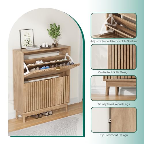 Kiasthome 2 Flip Drawer Shoe Storage Cabinet, Wooden Shoe Organizer with Ventilated Slatted Doors for Entryway, Hallway, Living Room (Wood, 31.5" W) Kiasthome
