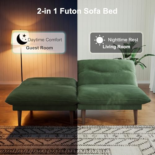 DreamDashio Futon Sofa Bed, 4 in 1 Multi-Functional Futon Couch with Adjustable Backrest, 75 inch Convertible Sleeper Sofa Bed and Recliner Lounge, Corduroy Loveseat for Living Room, Apartment, Green DreamDashio