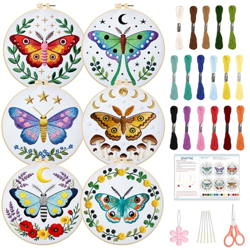 BEUNITONE 6 Set Moth Embroidery Kit for Adults Beginners, DIY Needlepoint Craft Kits with Instructions and Hoops, Complete Starter Set for Adults, Funny Hand Embroidery for Fabric and Home Decor