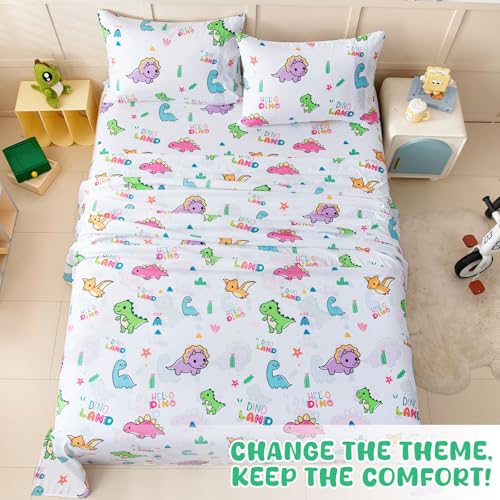 Swiftify Queen Sheet Set for Kids Boys & Girls, 4-Piece Bed Sheet Set for Teens Boys Girls, Cartoon Printed Bedding Set, Microfiber Deep Pocket, Wrinkle & Fade Resistant, Cute Dinosaur Swiftify