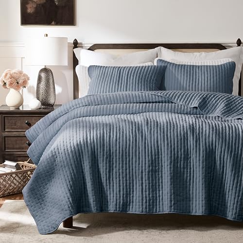 WDCOZY Blue Cross Stitch Queen Size Quilt Set, Striped Lightweight Soft Bedspread, Channel Farmhouse Rustic Coverlet, All Season Country Bedding, Thin Comforter WDCOZY