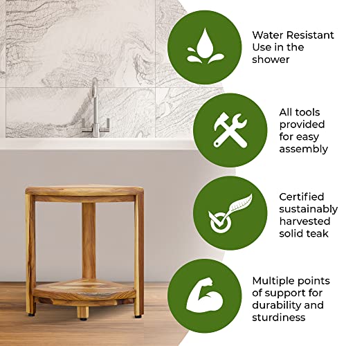 EcoDecors SnazzyCorner 17-Inch Teak Corner Shower Stool with Adjustable Feet and Shelf EcoDecors