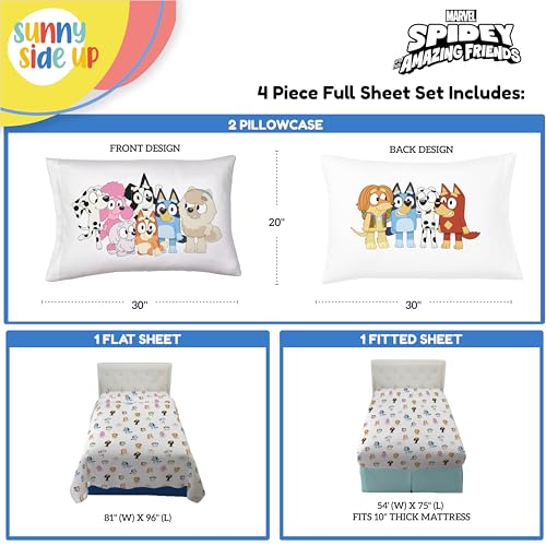 Sunny Side Up Bluey & Friends Full Sheet Set - 4 Piece Kids Bedding Set Includes Pillow Cover - Super Soft Microfiber Sheets Sunny Side Up