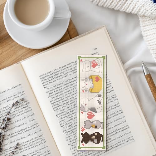 FREEBLOSS 6 Set Cross Stitch Bookmark Kit Counted Cross Stitch Kit Embroidery Bookmarks with Instruction Cartoon Cat Embroidery Kit for Beginners Adults 8''x2.4''