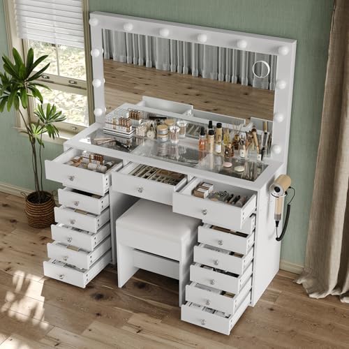 FUSOU 15 Drawers Vanity with Mirror and 12 LED Lights, Makeup Vanity with Charging Station, 3 Color Modes Adjustable Brightness, Glass Top Vanity Desk with Stool for Bedroom, White FUSOU