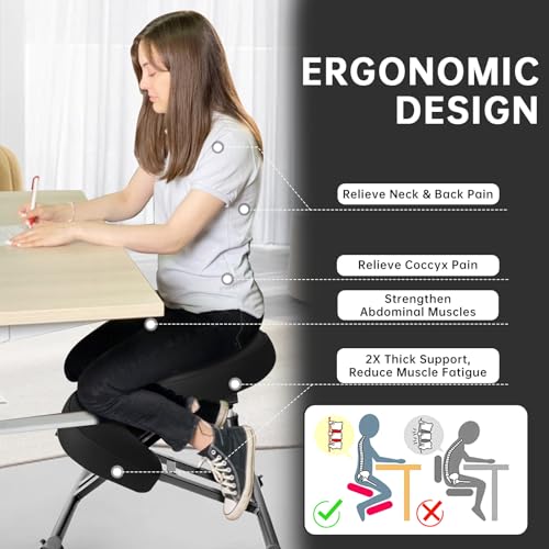 PU Leather Ergonomic Kneeling Chair, Adjustable Home and Office Stool with Thick Pads and Flexible Lockable Brake Wheels for Back Pain Relief(Black) DENGTELI