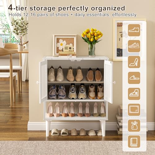 Shoe Storage Cabinet with Visible Mesh Doors for Entryway, Small Shoe Organizer Holds 12-16 Pairs of Shoes up to 11.8"L, Freestanding Wooden Shoe Rack with Front Door for Hallway, Living Room (White) Lyuwanxian