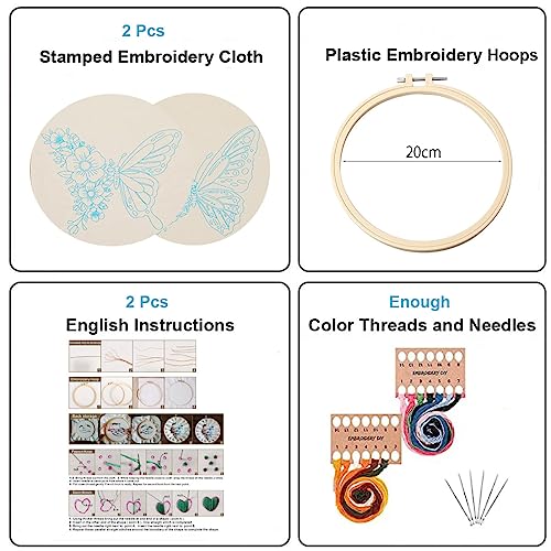 Konrisa Embroidery Kits with Butterfly Flower Pattern, Stamped Embroidery Starter Kit for Beginners Adults Needlepoint Kits Include Embroidery Fabric Embroidery Hoop Threads and Needles,Set of 2