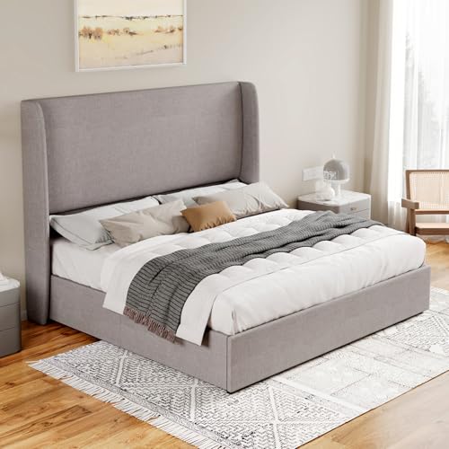 Jocisland Queen Size Lift Up Storage Bed Frame Linen Upholstered Platform Bed/Hydraulic Storage/Modern Wingback Headboard/No Box Spring Needed/Wood Slats Support/Light Grey Jocisland