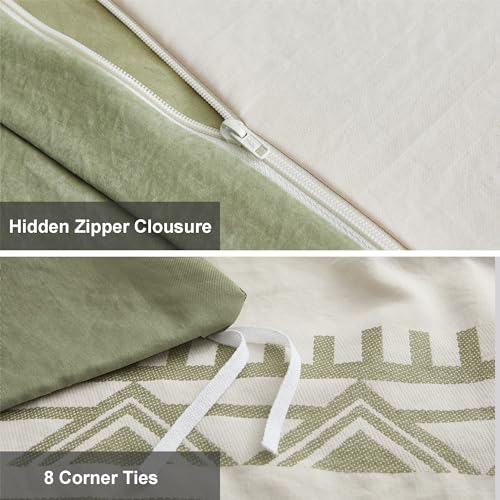 Oli Anderson Boho Duvet Cover Set Queen Size, Beige and Sage Green Color Clash 3 Pieces Microfiber Bedding Set, Durable and Super Soft Duvet Covers with Zipper and Ties, 90"*90" Oli Anderson