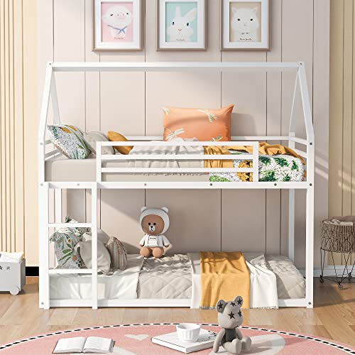 Merax Modern Heavy Metal House Low Bunk Bed Twin Over Twin, Montessori Floor Bunk Bed Frame with Full-Length Guardrail/No Box Spring Needed White Merax
