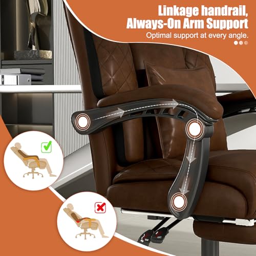Ergonomic Office Chair with Footrest, 400lbs High Back Executive Home Office Computer Chair with Unique Ear-Shape Headrest for Neck Support,Coffee Leather Office Chairs for Home Office Work Hihady