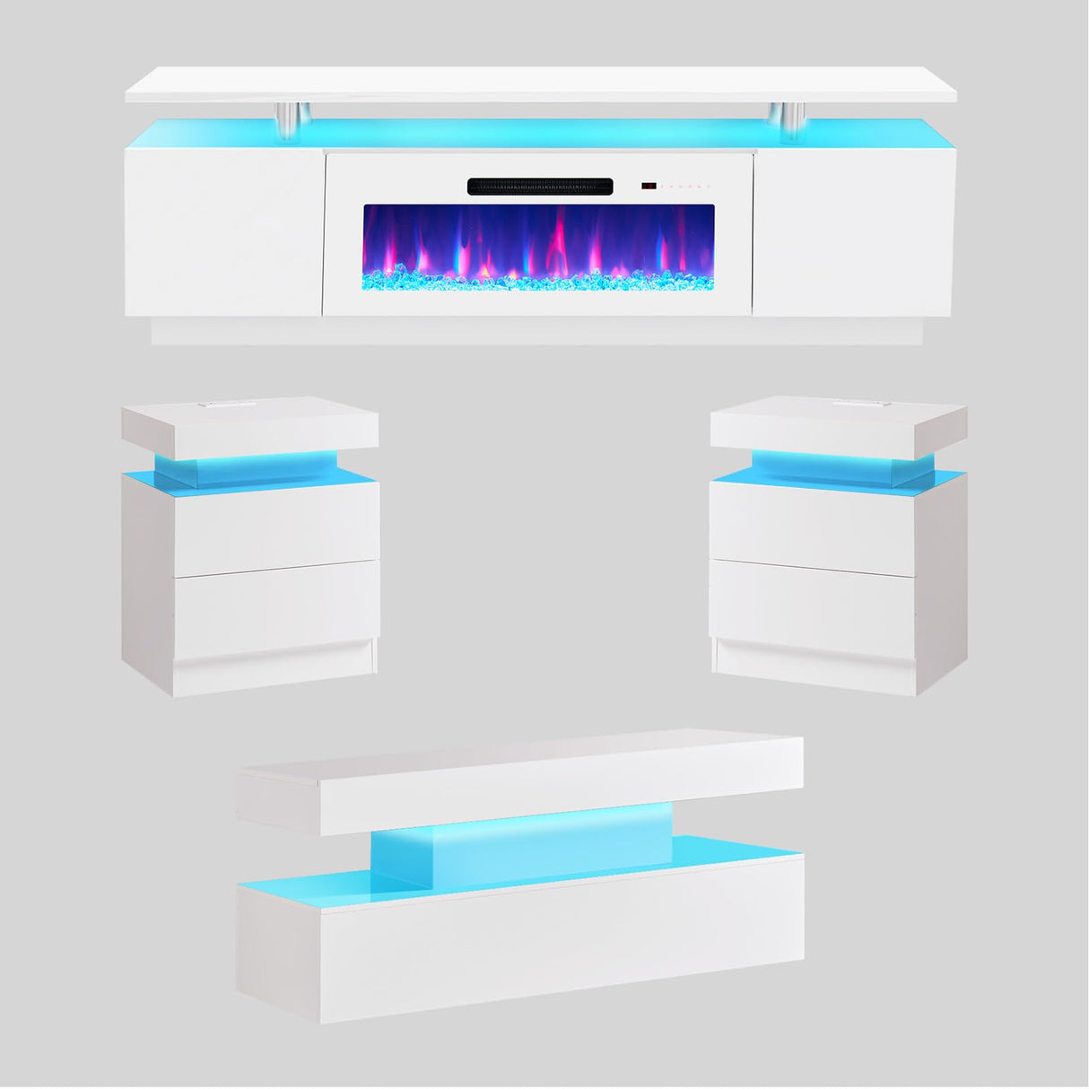 AMERLIFE 5 Piece Modern Living Room Table Set, Includes 70" Fireplace TV Stand, 2-Tier Coffee Table, 2 X Side Tables with Charging Station, LED Media Furniture, White AMERLIFE