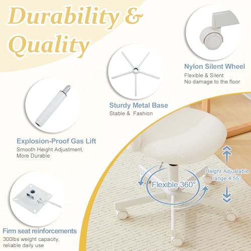 VINGLI Modern Vanity Chair with Back, Velvet Desk Chair for Girls, Small Office Chair with Silent Wheels, Stylish and Comfortable, White VINGLI