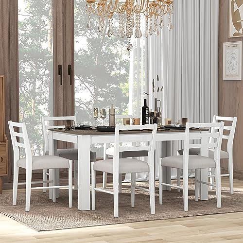 LUMISOL Solid Wood 7 Piece Kitchen Table Set with Chairs Farmhouse Extendable Dining Room Table Set with Storage Drawer for 6, Brown+White LUMISOL